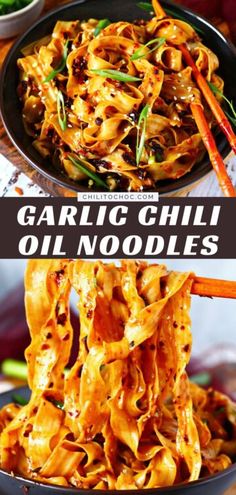 garlic chili oil noodles in a black bowl with chopsticks sticking out of it