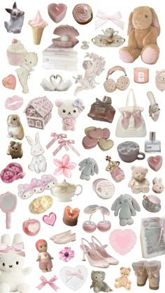 many different types of stuffed animals and other things in the shape of heart shaped objects