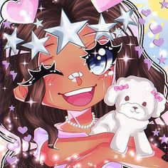 a girl with stars on her face holding a white teddy bear in front of hearts and stars