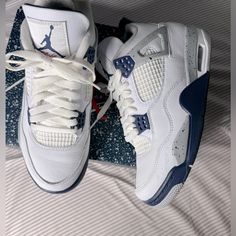 Air Jordan Blue Sneakers, Color Midnight Navy With The Box Adult Size Size: Uk 5.5 In Men’s Size Us 6 I Wear 7 In Women’s Size It Feet Me Jordan 4’s Navy Blue, Air Jordan Blue, Jordan 4’s, Jordan Blue, Jordan 4 Retro, Womens Jordans, Air Jordan 4, Air Jordan 4 Retro, Blue Sneakers