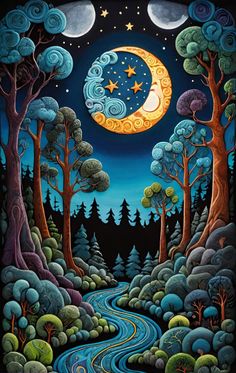 a painting of a night scene with the moon and stars in the sky above trees