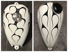 two different views of a vase with black and white designs on the front, side and back