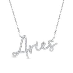 Show off your adventurous sign with sparkle and style when you wear this charming diamond Aries script necklace. Crafted in sterling silver The word "Aries" is sculpted in a whimsical script font and lined with 1/3 ct. t.w. of diamonds. This 18.0-inch cable chain necklace secures with a spring-ring clasp. Adjustable to 16.0 inches Aries Necklace, Script Necklace, Cable Chain Necklace, Script Font, Cable Chain, Spring Rings, Silver Necklace, Chain Necklace, Cable