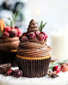 two cupcakes with chocolate frosting and cranberries on top