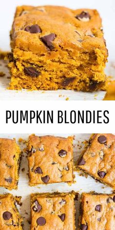 pumpkin blondies cut into squares and stacked on top of each other with chocolate chips