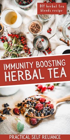 a book cover with various bowls and spoons filled with berries, herbs, and tea