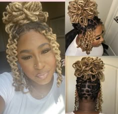 Loc Hair Styles For Wedding, Pedal Locs Style, Female Loc Updo Styles, Curly Loc Updos For Women, Long Loc Styles Women Easy, Locks Updo Styles, Petal Ponytail Locs, Interlocking Locs Styles