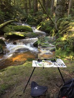 an easel sitting on the ground next to a river with water running through it