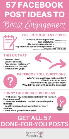 a pink poster with the words facebook post ideas and tips to get paid for you posts