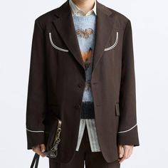 Zara x Harry Lambert styles brown contrast suit blazer jacket cowboy 42 size 42 nwt retail $199 wool blend length 33" chest 23" shoulders 20" sleeve 27" Harry Lambert, Blazer Men, Modern Western, Brown Blazer, Zara Man, Tailored Suits, Wool Suit, Blazers For Men