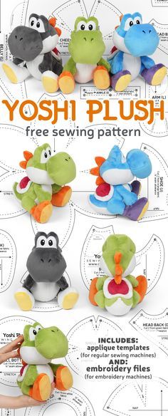 the yoshi plush sewing pattern is shown with instructions for how to sew it