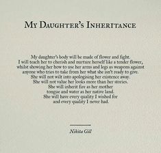 an image of a poem written in black on white paper with the words, my daughter's inferitance