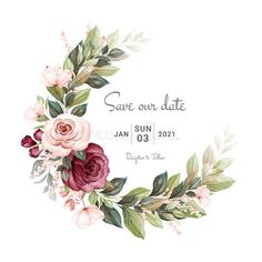 save the date card with watercolor flowers and greenery on white background for wedding or anniversary