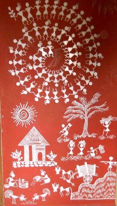 a red and white drawing on the side of a building with people, animals and trees