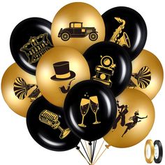 PRICES MAY VARY. What's You Get: this package includes 45 pieces roaring 20s themed balloons, with 9 different styles (5 pieces of each style); All the 1920's birthday balloons are designed with vintage 20s print; With 20m ribbon, you can use it to make balloons into a balloon garland or table balloons, make your party has a completely different feeling Safe Material: the vintage 20's theme party balloons are made from latex material, safe to use; These roaring 20's decoration balloons are thick 20th Birthday Balloons, 20s Theme Party, Hollywood Glam Decor, Party Balloons Decorations, 1920s Themed Party, Black And Gold Party, Speakeasy Decor, Retro Birthday Parties, Music Themed Parties