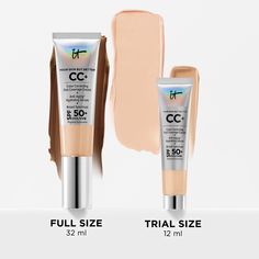 Discover IT® CC+ Cream with SPF 50+ is the #1 SPF Foundation in America* and your multitasking color correcting cream—now with an extended shade range! IT’s your full-coverage foundation, hydrating and anti-aging serum, and broad-spectrum SPF 50+ sunscreen all in one! Infused with skin-loving ingredients like hyaluronic acid, niacinamide and vitamin E, CC cream provides hydration while instantly camouflaging the look of skin imperfections like acne scarring, wrinkles, redness on skin, dark circles under eyes, large pores and uneven skin tone for flawless-looking natural coverage! To be able to extend our shade range, we worked with plastic surgeons and dermatologists to introduce clear SPF 50+ in our new deepest shades. Now, a wider range of skin tones can achieve complexion perfection plu It Cc Cream, Spf Foundation, Color Correcting Cream, It Cosmetics Cc Cream, Foundation With Spf, Acne Scarring, Physical Sunscreen, Color Correcting, Chemical Sunscreen