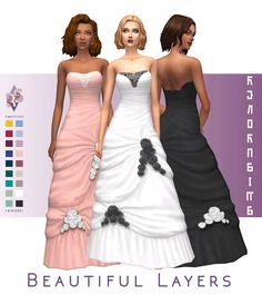 three beautiful women in dresses standing next to each other with the words beautiful layers below them