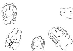 four small stuffed animals with headphones on