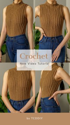 the front and back views of a woman wearing a brown knitted top