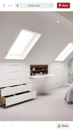 an image of a bedroom with skylights above the bed and dressers in it