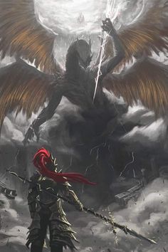 a man standing next to an angel on top of a cloud covered sky with two swords in his hand