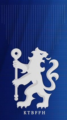 a blue background with a white lion holding a key