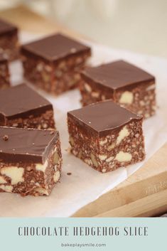 chocolate hedgehog slice cut into squares on top of parchment paper with text overlay