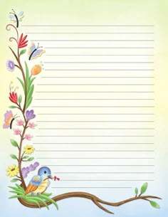 a notepad with flowers and birds on the branch, surrounded by lined paper for writing