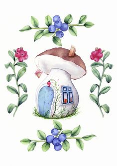 a watercolor painting of a mushroom house surrounded by blueberries and flowers on a white background