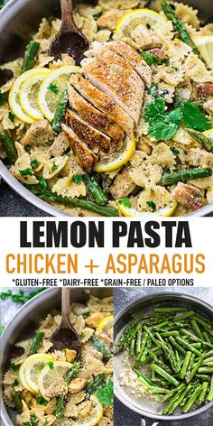 lemon pasta with chicken and asparagus in a skillet