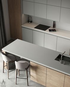 a modern kitchen with an island countertop and stools