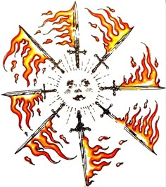 a star with flames and swords on it's sides, in the middle of an image