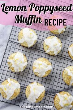 lemon poppy seed muffins with white frosting on a cooling rack and pink background