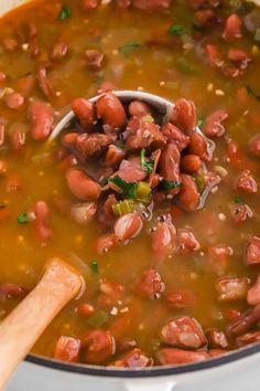 a spoon full of beans and meat soup