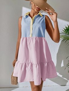 Multicolor Cute  Sleeveless Polyester Striped Smock Embellished Non-Stretch  Women Dresses Shirt Dresses For Women, Checked Shirt Dress, Patchwork Clothes, African Lace Dresses, African Lace, Home Dress, Colorblock Dress, Fashion Tips For Women, Western Dresses