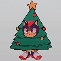 a drawing of a cat sitting in front of a christmas tree with an ornament on it