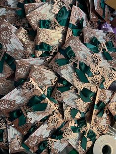 a pile of brown and green gift wrappings