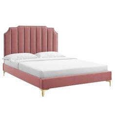 an upholstered bed with pink velvet headboard and foot board, viewed from the front