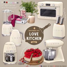 there are many kitchen appliances on the table and in front of it is a sign that says love kitchen