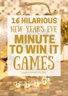 an advertisement for a new year's eve party with gold and white decorations on the table