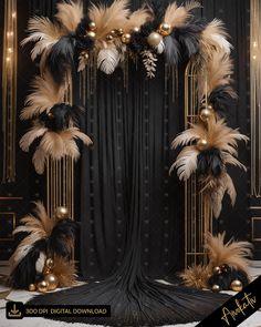 a black and gold backdrop with feathers, beads and ornaments on it for a party