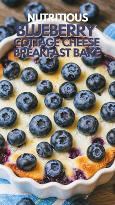 blueberry cottage cheese breakfast bake in a white dish with fresh blueberries on top