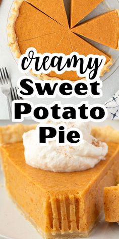 a slice of creamy sweet potato pie with whipped cream on top