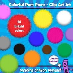 colorful pom poms clip art set for dancing, crayon designs and more