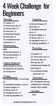 the 4 week challenge for beginners is shown in black and white, with an image of