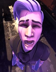 an animated man with purple hair and black eyes