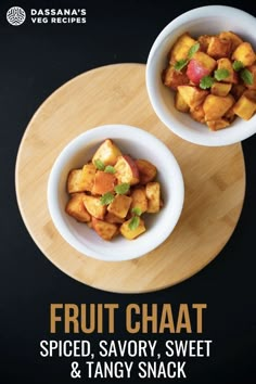 two white bowls filled with fruit on top of a wooden plate next to another bowl