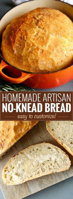 homemade artisan no - knead bread on a cutting board with text overlay