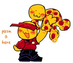 a cartoon character holding a pizza in one hand and the words pizza is here on it