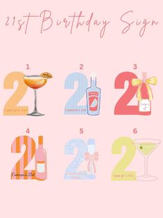 a pink birthday card with the number twenty and two different types of drinks on it